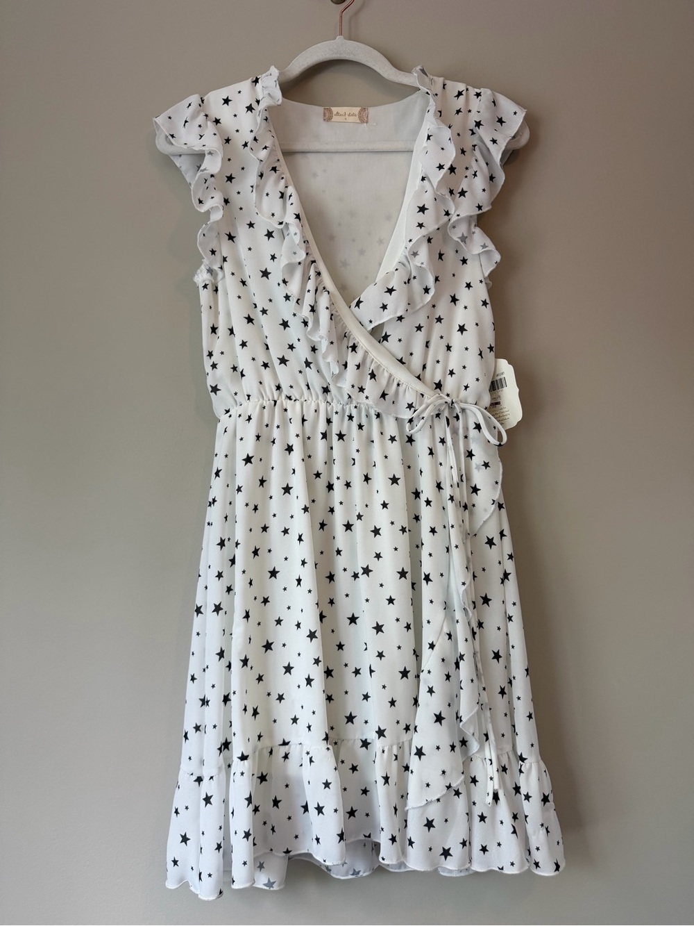 NWT Altar’d State White Black Star Print Faux Wrap Dress Sz S Ruffle Mini NWT
